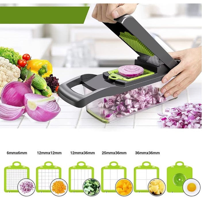Feliator Multifunctional, Flippy, Razatoare, 8 in 1, pentru Fructe si Legume, 10 Piese, Lame de Inox, Recipient