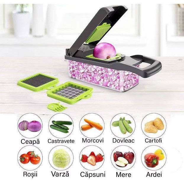 Feliator Multifunctional, Flippy, Razatoare, 8 in 1, pentru Fructe si Legume, 10 Piese, Lame de Inox, Recipient