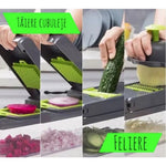 Feliator Multifunctional, Flippy, Razatoare, 8 in 1, pentru Fructe si Legume, 10 Piese, Lame de Inox, Recipient