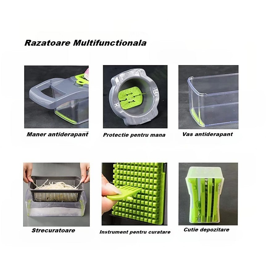 Feliator Multifunctional, Flippy, Razatoare, 8 in 1, pentru Fructe si Legume, 10 Piese, Lame de Inox, Recipient