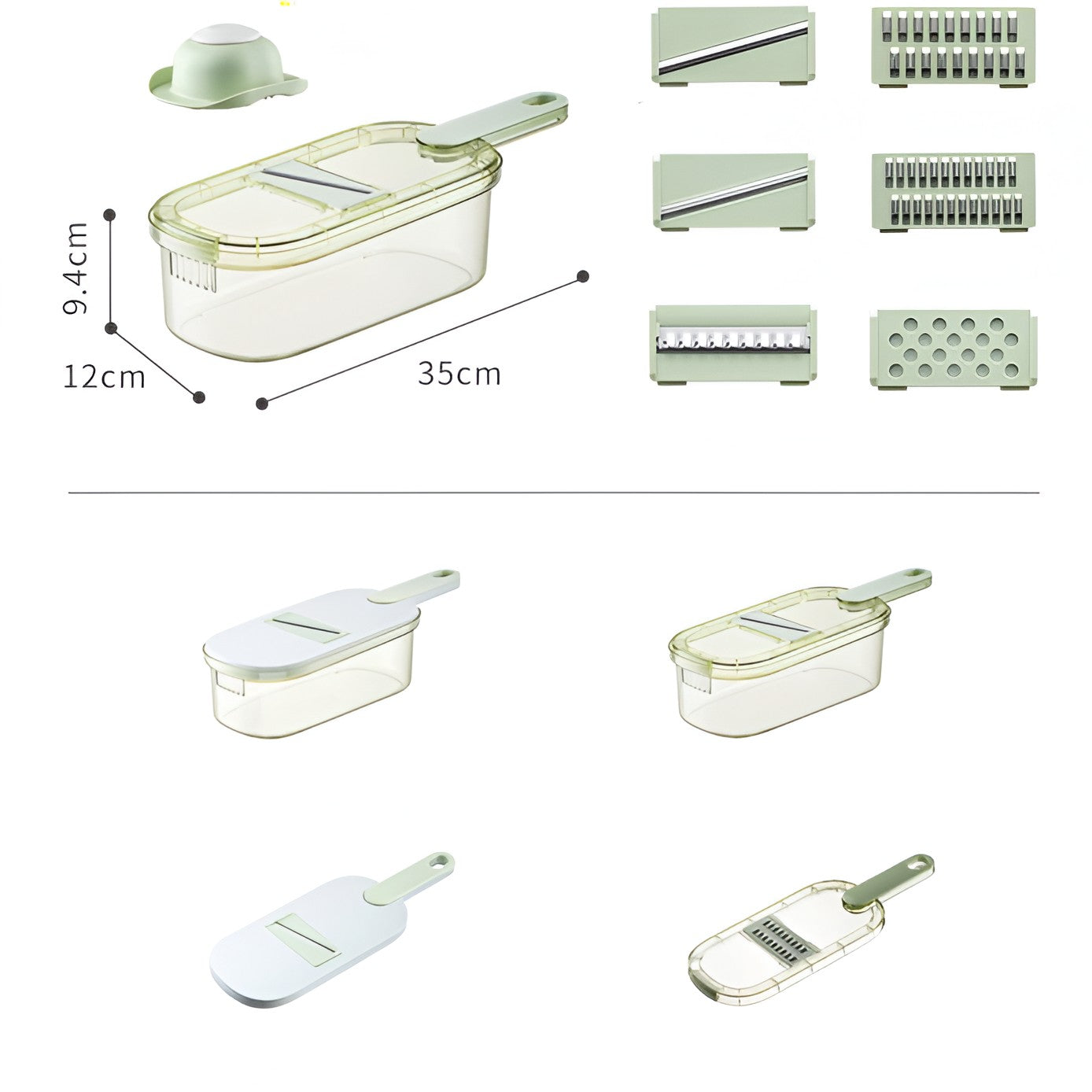 Feliator Multifunctional, Flippy, 6 in 1, pentru Fructe si Legume, 9 Piese, Maner, Lame de Inox, Recipient Stocare,