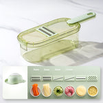 Feliator Multifunctional, Flippy, 6 in 1, pentru Fructe si Legume, 9 Piese, Maner, Lame de Inox, Recipient Stocare,