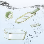 Feliator Multifunctional, Flippy, 6 in 1, pentru Fructe si Legume, 9 Piese, Maner, Lame de Inox, Recipient Stocare,