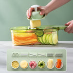Feliator Multifunctional, Flippy, 6 in 1, pentru Fructe si Legume, 9 Piese, Maner, Lame de Inox, Recipient Stocare,
