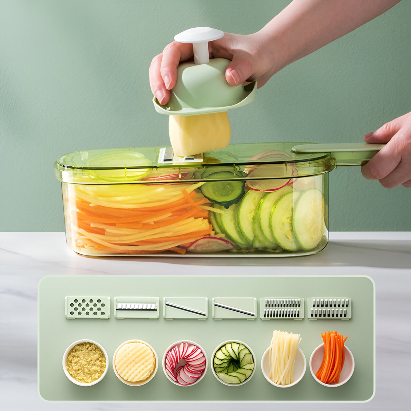 Feliator Multifunctional, Flippy, 6 in 1, pentru Fructe si Legume, 9 Piese, Maner, Lame de Inox, Recipient Stocare,