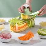 Feliator Multifunctional, Flippy, 6 in 1, pentru Fructe si Legume, 9 Piese, Maner, Lame de Inox, Recipient Stocare,