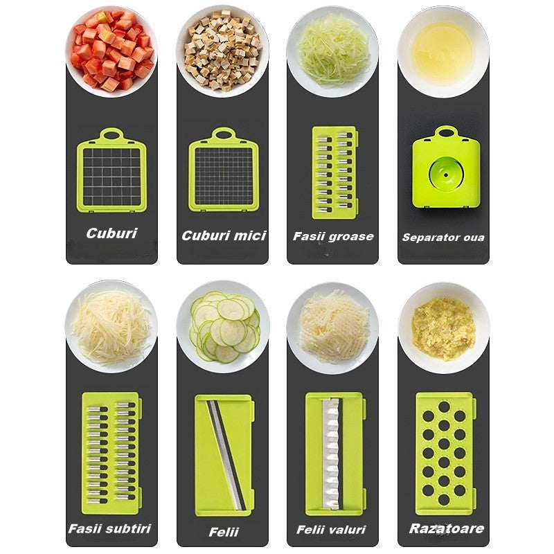 Feliator Multifunctional, Flippy, Razatoare, 8 in 1, pentru Fructe si Legume, 10 Piese, Lame de Inox, Recipient