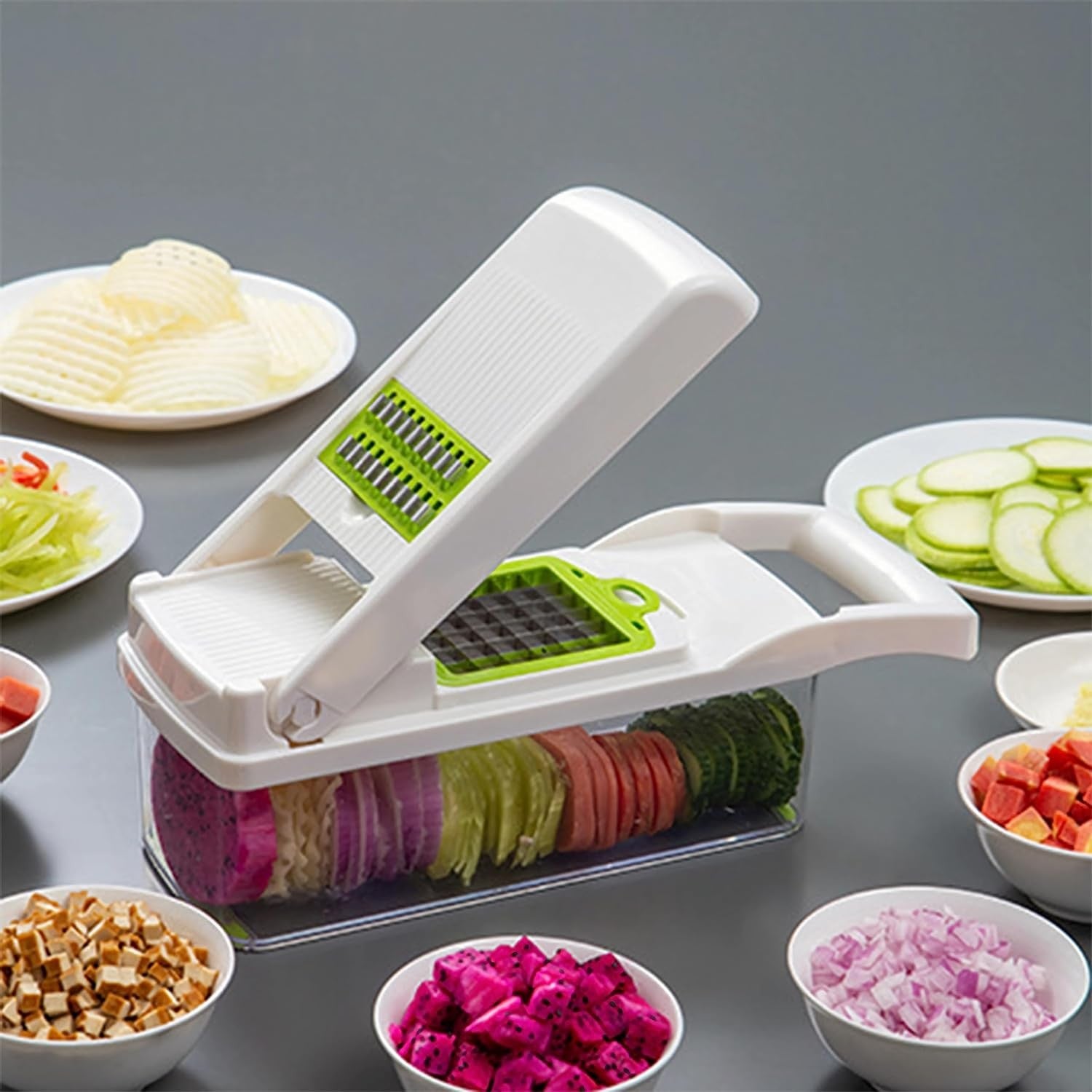 Feliator Multifunctional, Flippy, Razatoare, 8 in 1, pentru Fructe si Legume, 10 Piese, Lame de Inox, Recipient