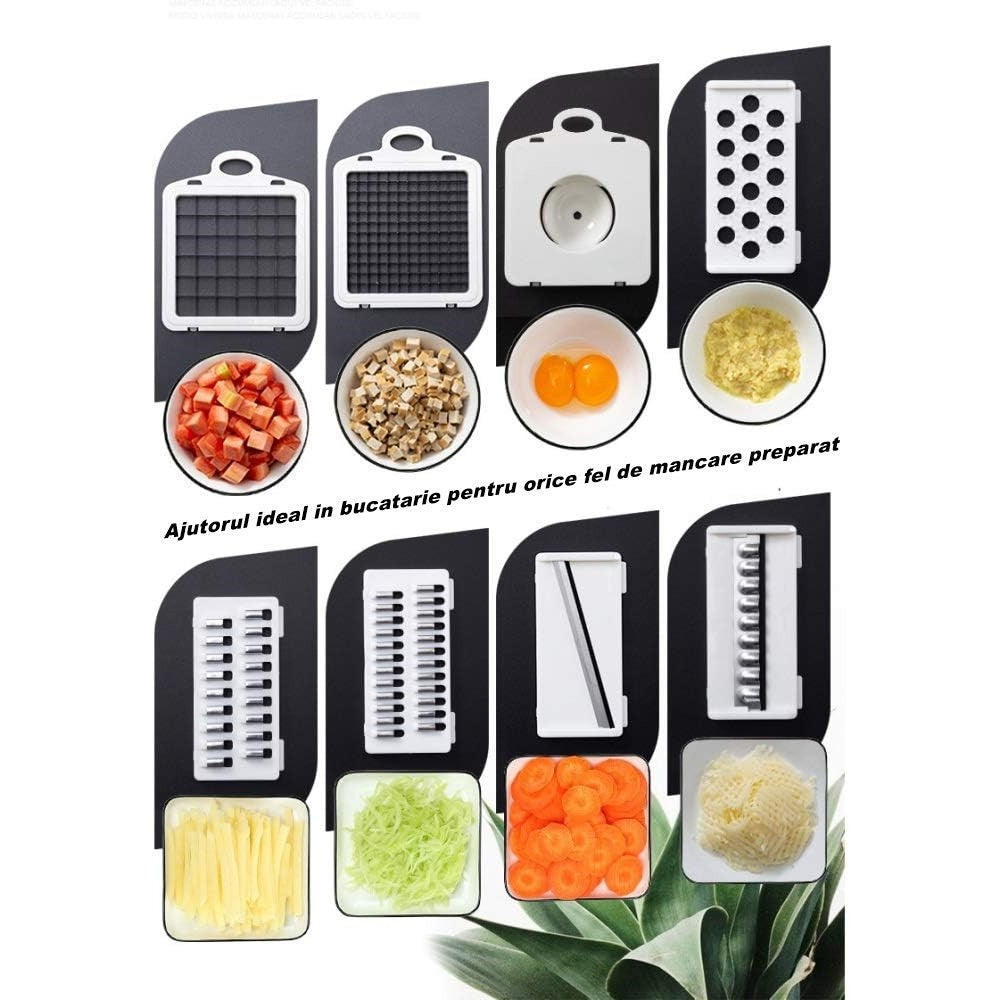 Feliator Multifunctional, Flippy, Razatoare, 8 in 1, pentru Fructe si Legume, 10 Piese, Lame de Inox, Recipient