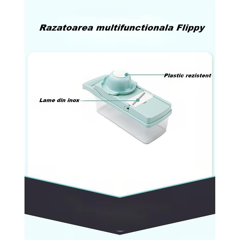 Feliator Multifunctional, Flippy, Razatoare, 8 in 1, pentru Fructe si Legume, 10 Piese, Lame de Inox, Recipient