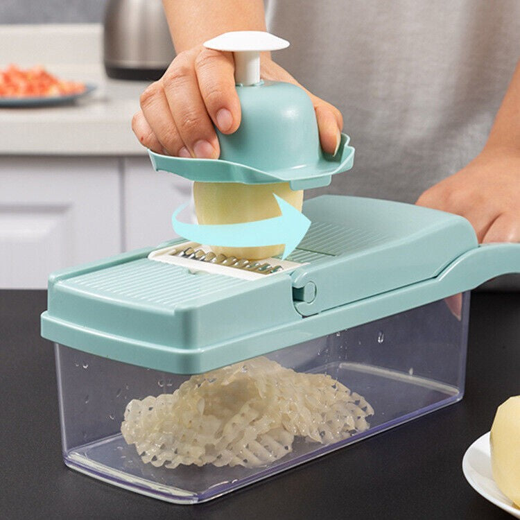 Feliator Multifunctional, Flippy, Razatoare, 8 in 1, pentru Fructe si Legume, 10 Piese, Lame de Inox, Recipient