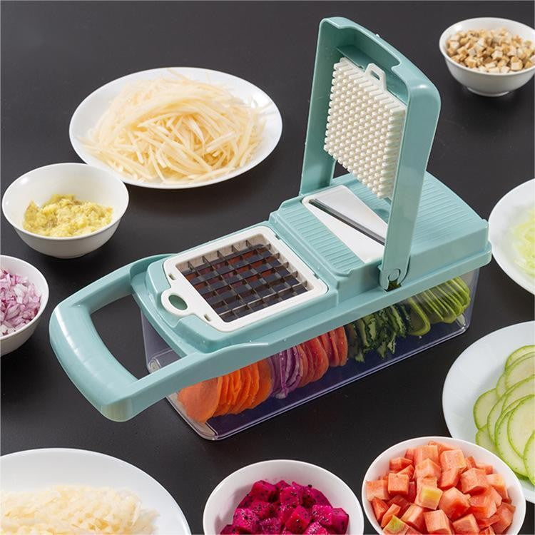 Feliator Multifunctional, Flippy, Razatoare, 8 in 1, pentru Fructe si Legume, 10 Piese, Lame de Inox, Recipient