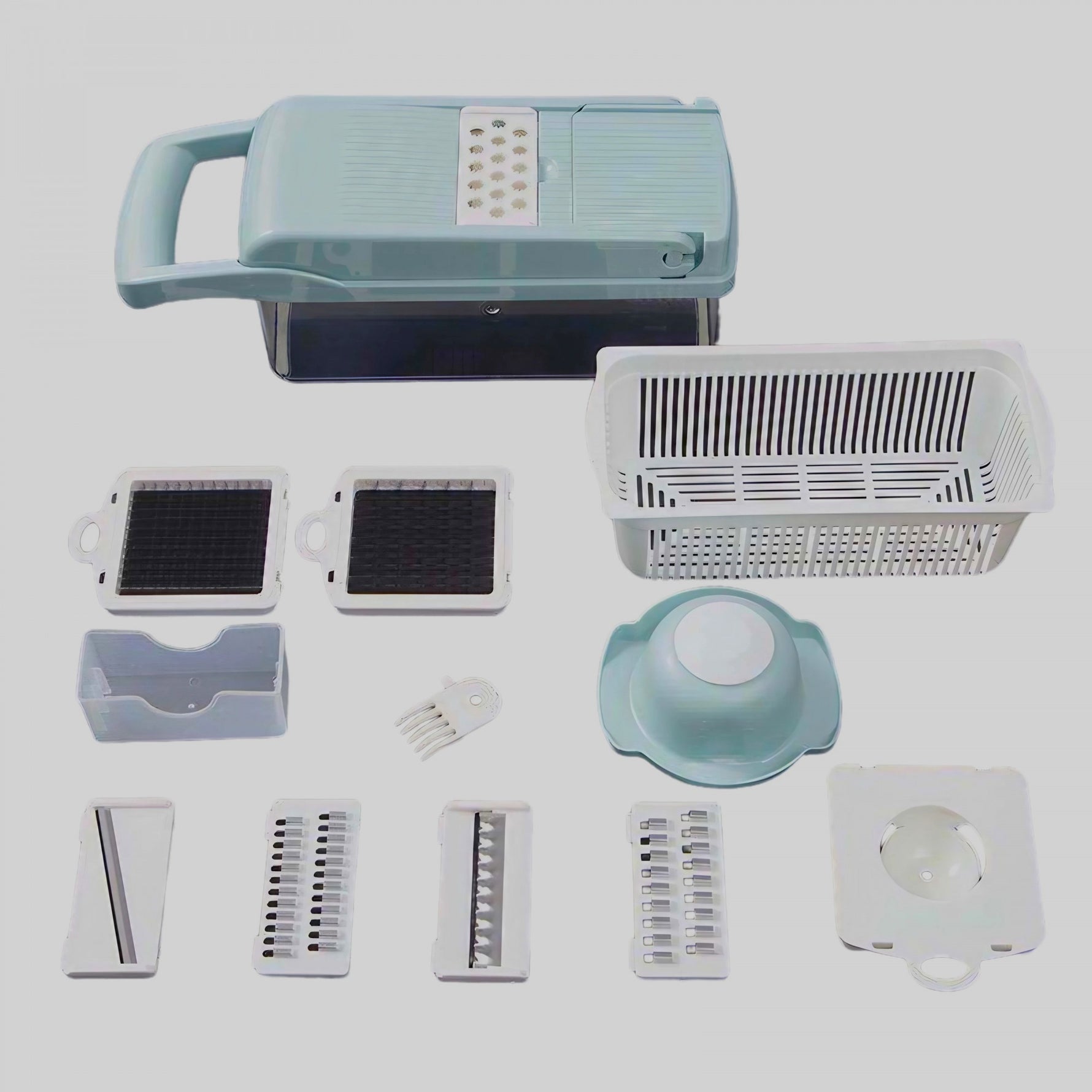 Feliator Multifunctional, Flippy, Razatoare, 8 in 1, pentru Fructe si Legume, 10 Piese, Lame de Inox, Recipient