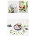 Feliator Multifunctional, Flippy, Razatoare, 8 in 1, pentru Fructe si Legume, 12 Piese, Lame de Inox, Recipient