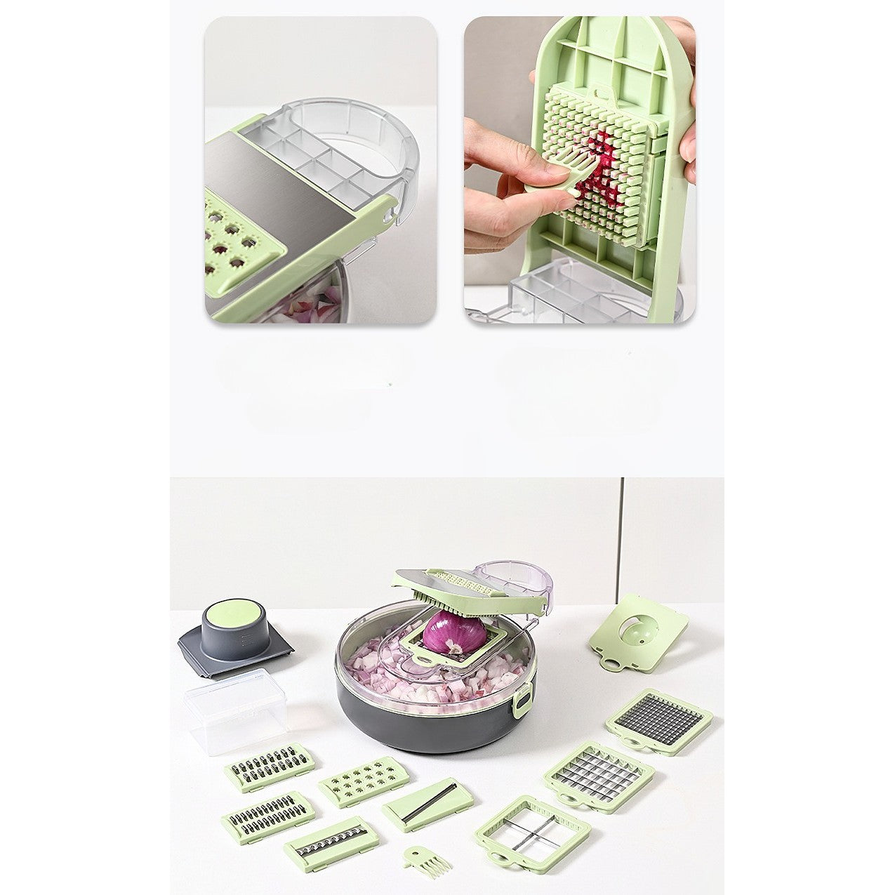 Feliator Multifunctional, Flippy, Razatoare, 8 in 1, pentru Fructe si Legume, 12 Piese, Lame de Inox, Recipient