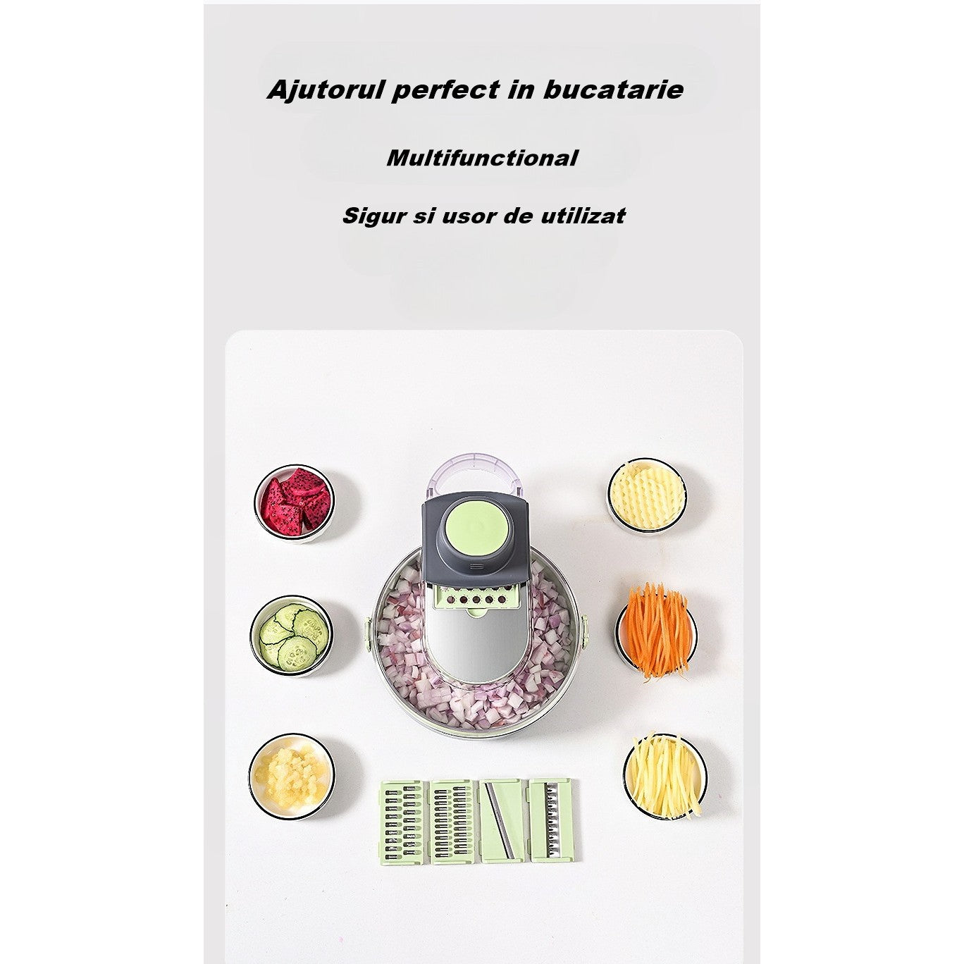 Feliator Multifunctional, Flippy, Razatoare, 8 in 1, pentru Fructe si Legume, 12 Piese, Lame de Inox, Recipient
