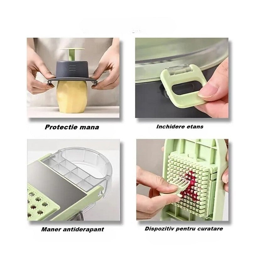 Feliator Multifunctional, Flippy, Razatoare, 8 in 1, pentru Fructe si Legume, 12 Piese, Lame de Inox, Recipient