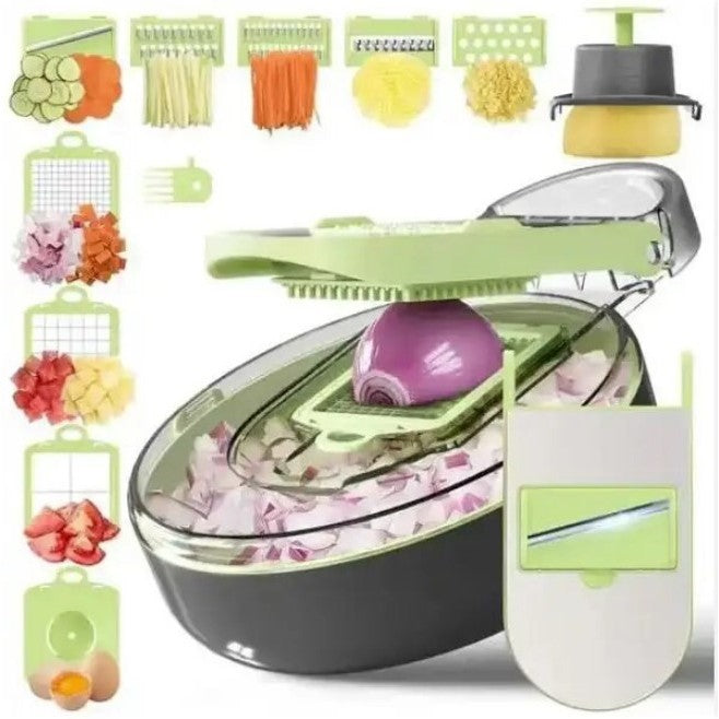 Feliator Multifunctional, Flippy, Razatoare, 8 in 1, pentru Fructe si Legume, 12 Piese, Lame de Inox, Recipient