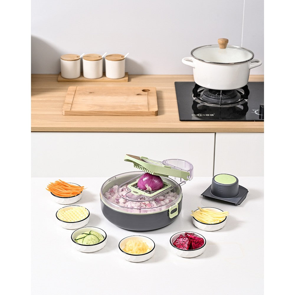 Feliator Multifunctional, Flippy, Razatoare, 8 in 1, pentru Fructe si Legume, 12 Piese, Lame de Inox, Recipient