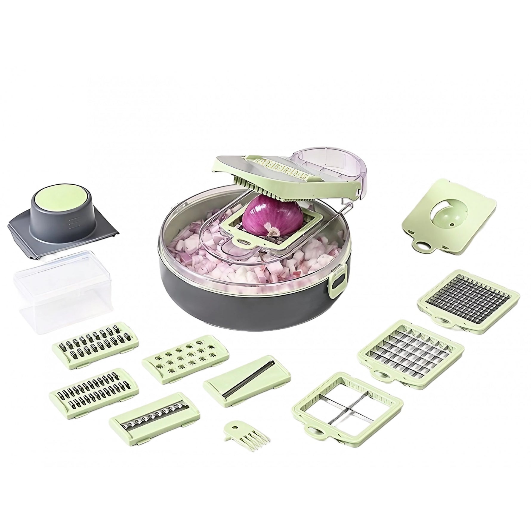 Feliator Multifunctional, Flippy, Razatoare, 8 in 1, pentru Fructe si Legume, 12 Piese, Lame de Inox, Recipient