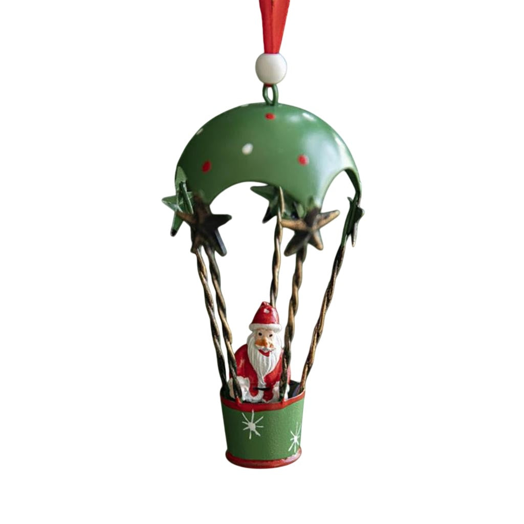 Figurina pentru Brad de Craciun, Flippy, Model Mos Craciun in Balon cu Aer Cald, Ornament pentru Brad, din Metal, 11 x