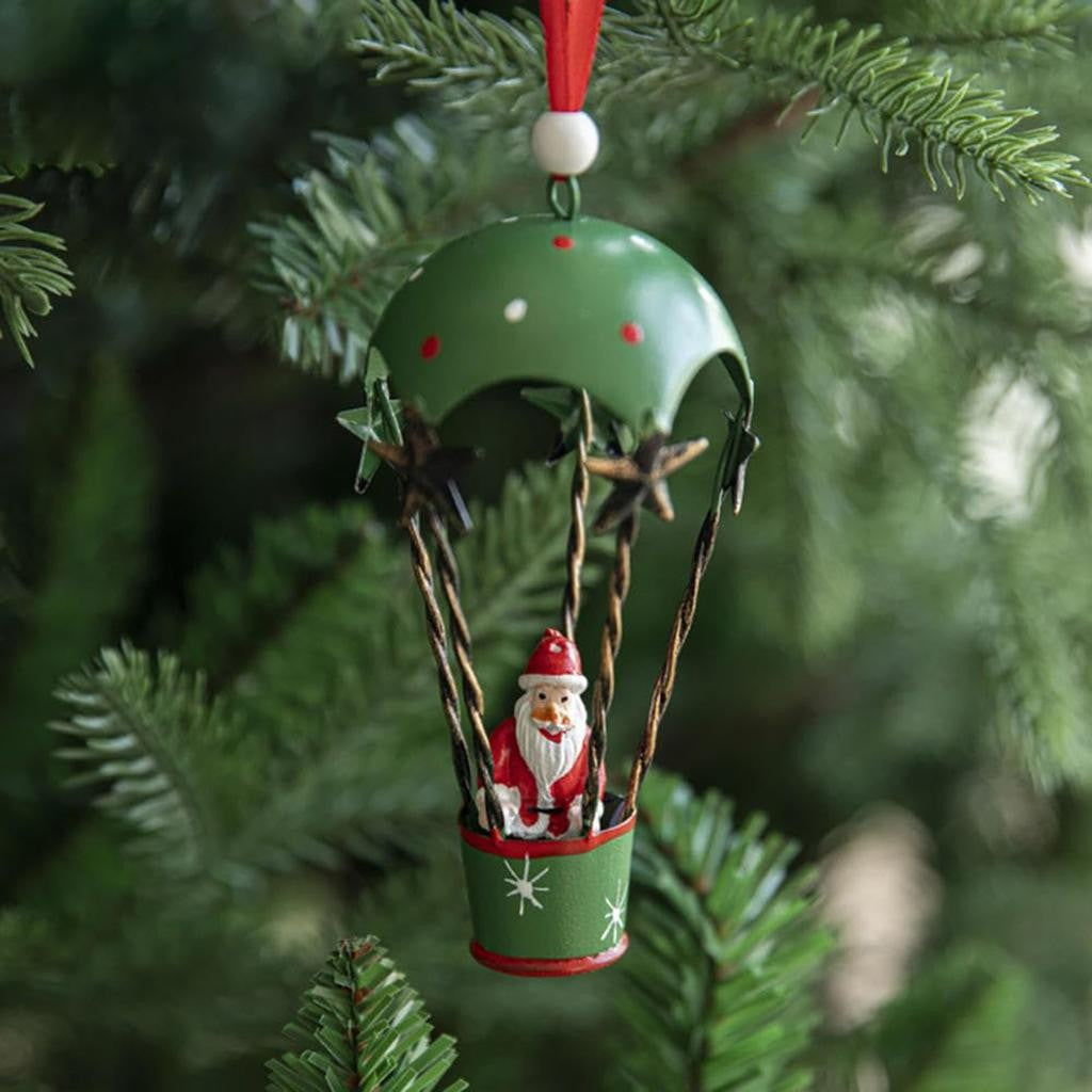 Figurina pentru Brad de Craciun, Flippy, Model Mos Craciun in Balon cu Aer Cald, Ornament pentru Brad, din Metal, 11 x