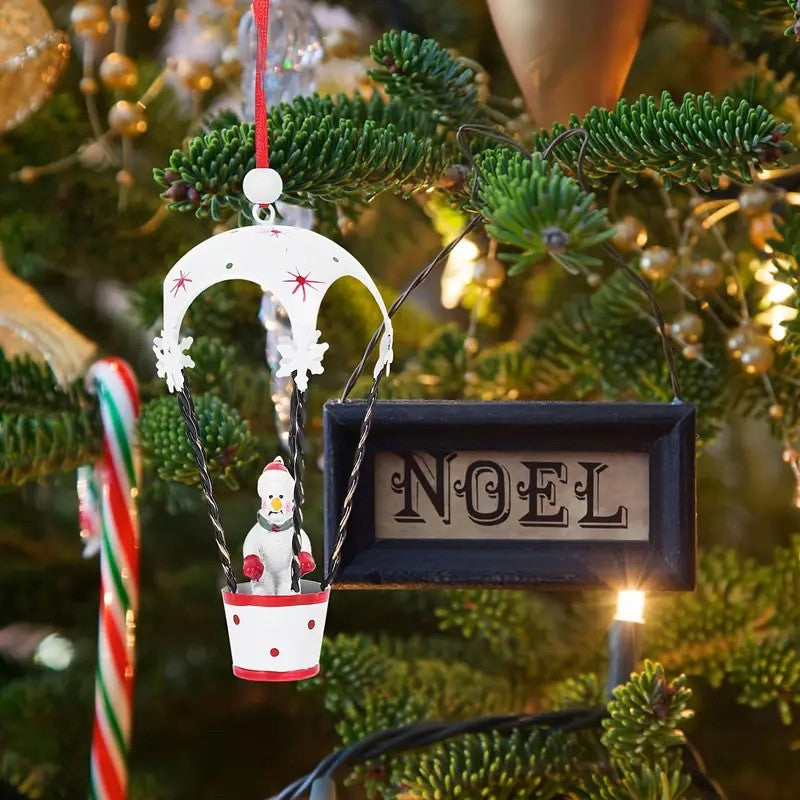Figurina pentru Brad de Craciun, Flippy, Model Om de Zapada in Balon cu Aer Cald, Ornament pentru Brad, din Metal, 11 x