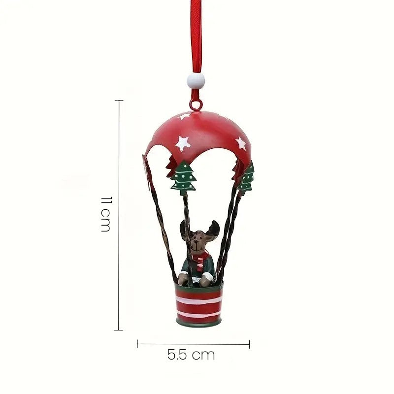 Figurina pentru Brad de Craciun, Flippy, Model Ren in Balon cu Aer Cald, Ornament pentru Brad, din Metal, 11 x 5.5 x