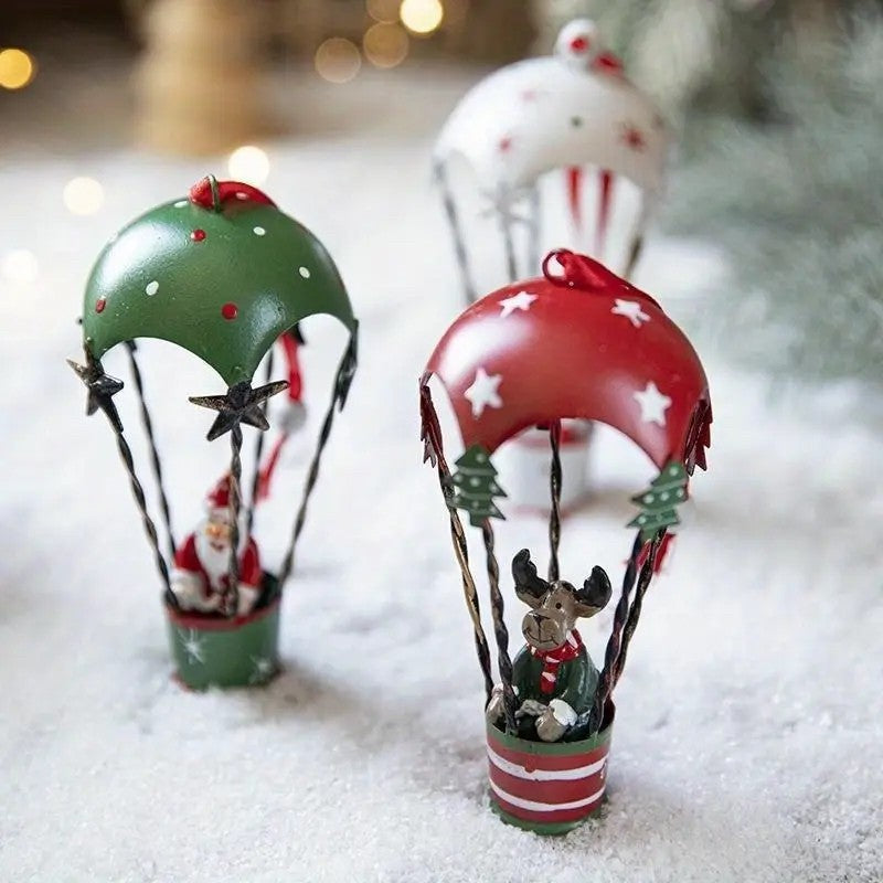 Figurina pentru Brad de Craciun, Flippy, Model Ren in Balon cu Aer Cald, Ornament pentru Brad, din Metal, 11 x 5.5 x
