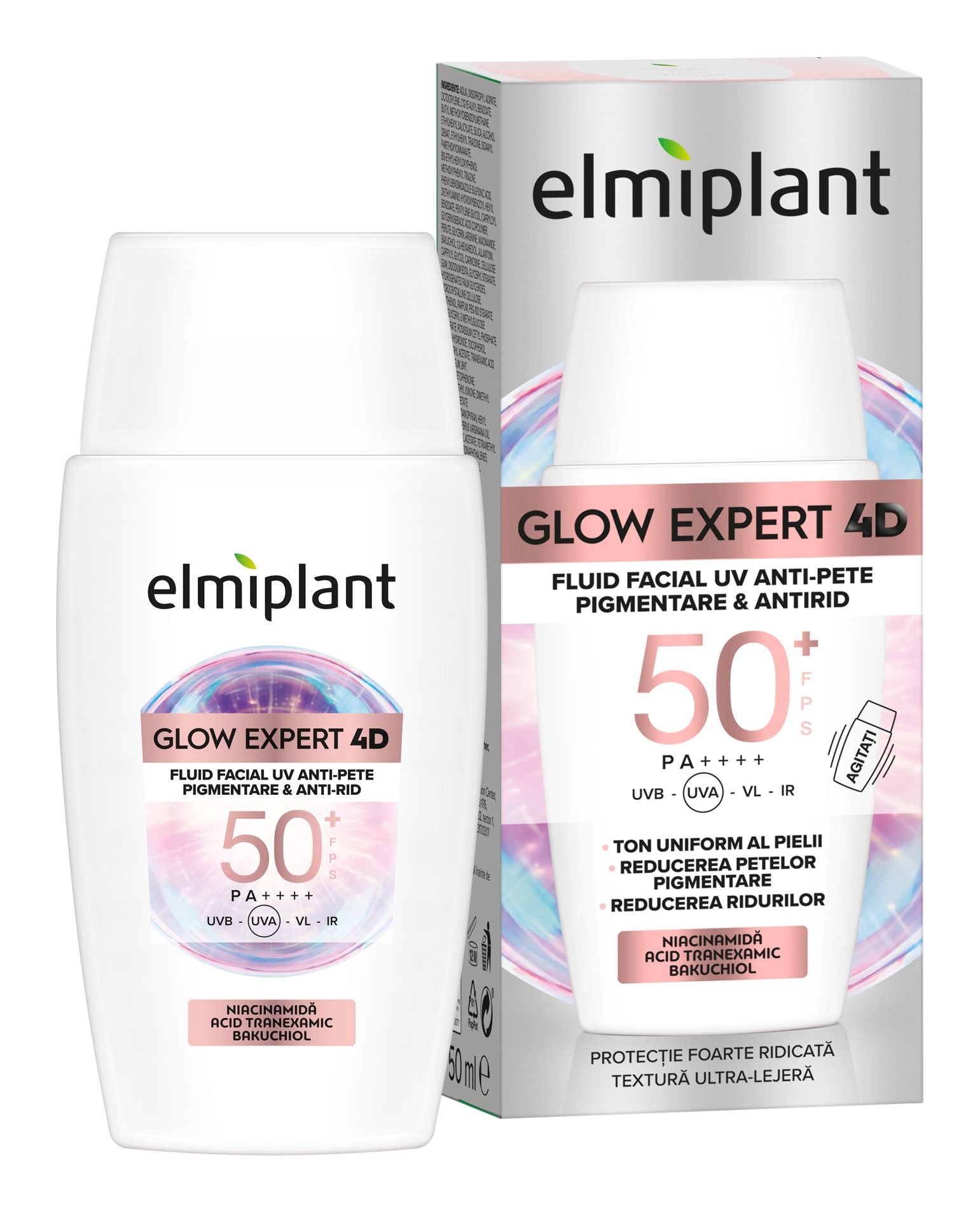 Fluid Facial, Elmiplant, Glow Expert 4D UV Anti Pete Pigmentare si Antirid, SPF 50+, 50 ml
