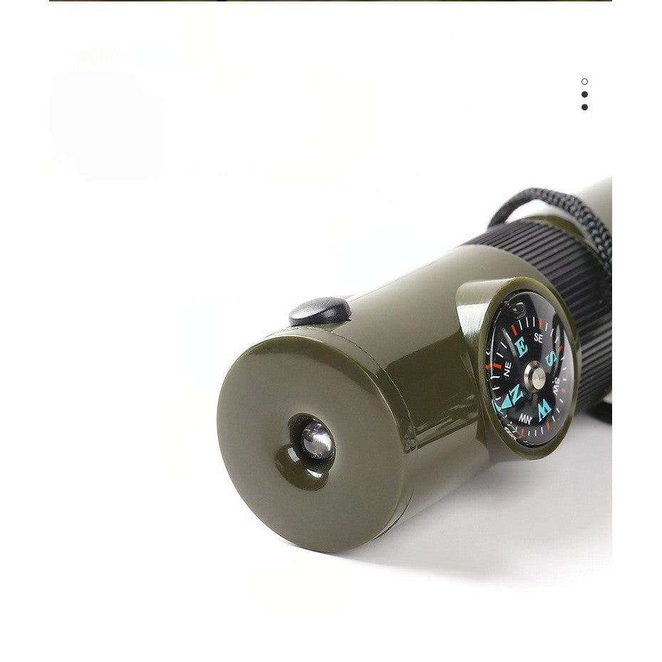 Kit supravieturie Flippy, Fluier multifunctional 7 in 1, pentru drumetii, hiking, lupa, fluier, termometru, depozitare