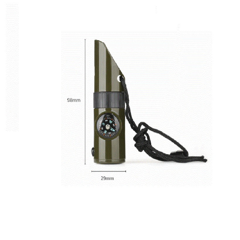 Kit supravieturie Flippy, Fluier multifunctional 7 in 1, pentru drumetii, hiking, lupa, fluier, termometru, depozitare