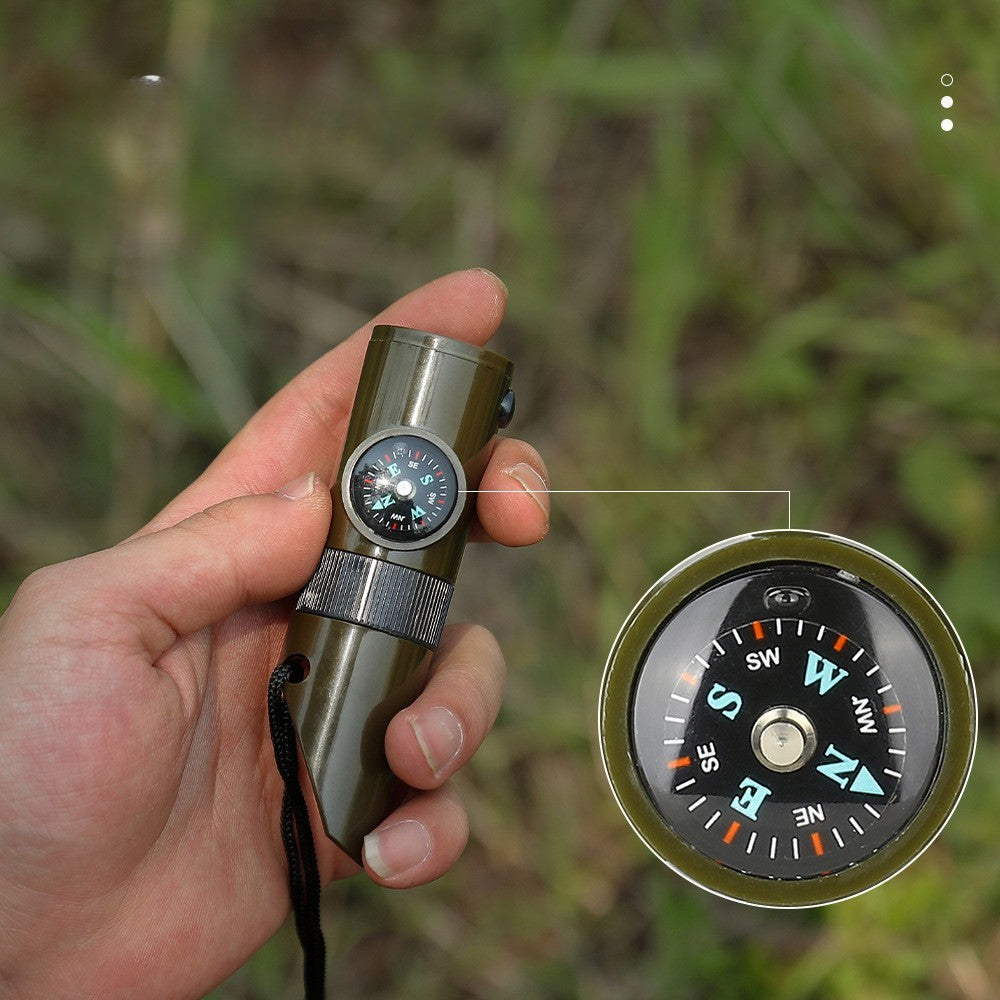 Kit supravieturie Flippy, Fluier multifunctional 7 in 1, pentru drumetii, hiking, lupa, fluier, termometru, depozitare
