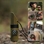Kit supravieturie Flippy, Fluier multifunctional 7 in 1, pentru drumetii, hiking, lupa, fluier, termometru, depozitare
