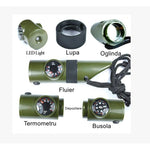 Kit supravieturie Flippy, Fluier multifunctional 7 in 1, pentru drumetii, hiking, lupa, fluier, termometru, depozitare