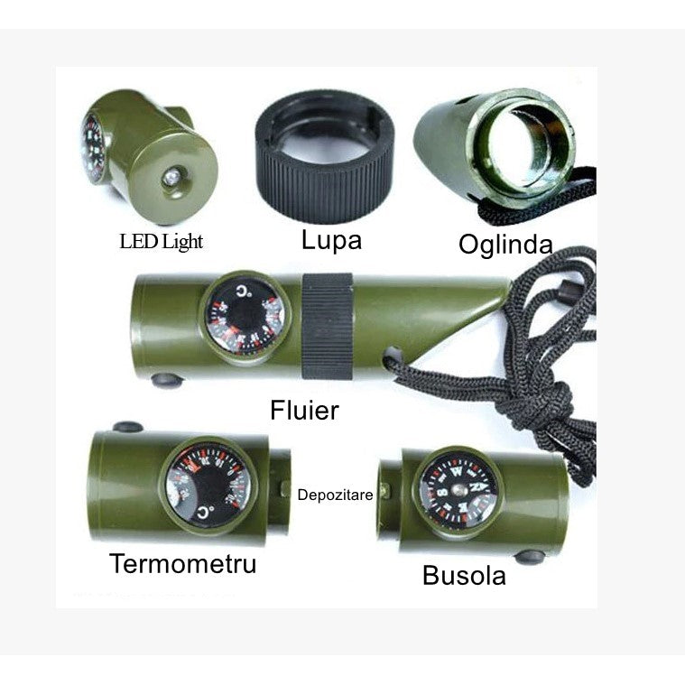 Kit supravieturie Flippy, Fluier multifunctional 7 in 1, pentru drumetii, hiking, lupa, fluier, termometru, depozitare