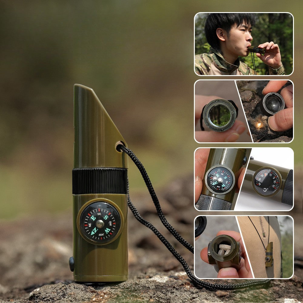 Kit supravieturie Flippy, Fluier multifunctional 7 in 1, pentru drumetii, hiking, lupa, fluier, termometru, depozitare