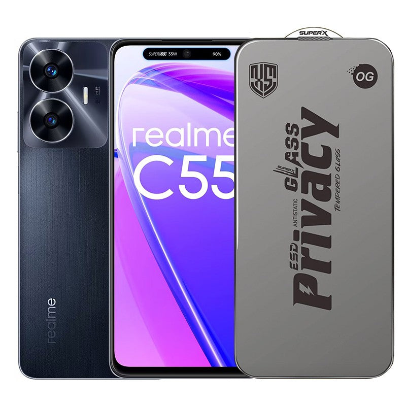 Folie de Protectie pentru Realme C55, Flippy, Sticla Securizata ESD Antistatica, Super-X Privacy OG, Margini Negre,