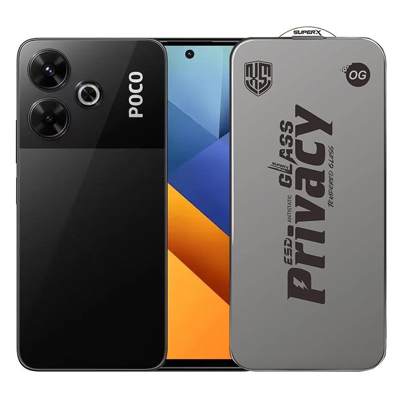 Folie de Protectie pentru Xiaomi Poco M6, Flippy, Sticla Securizata ESD Antistatica, Super-X Privacy OG, Margini Negre,