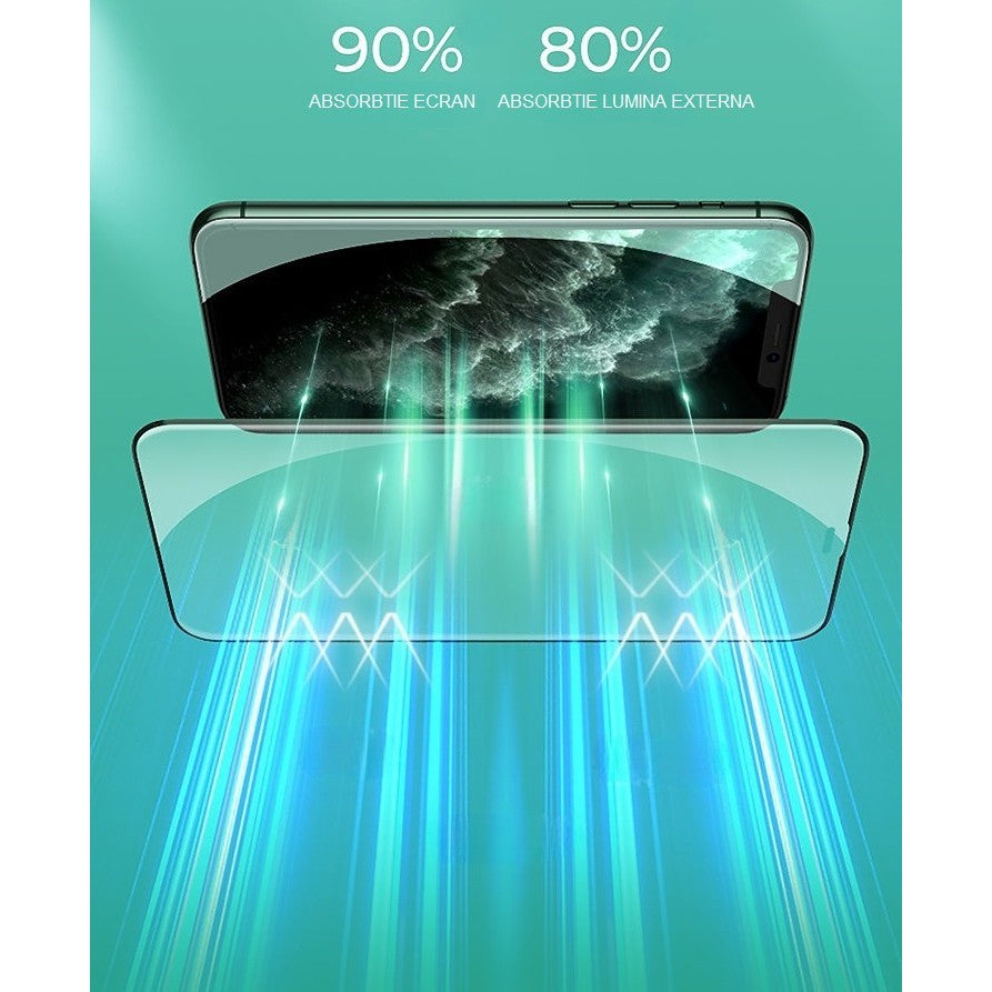 Folie de Sticla Securizata pentru Apple iPhone 15, Flippy, Lumina Verde Anti-Blue Ray, Auto-Aplicare, Protectie