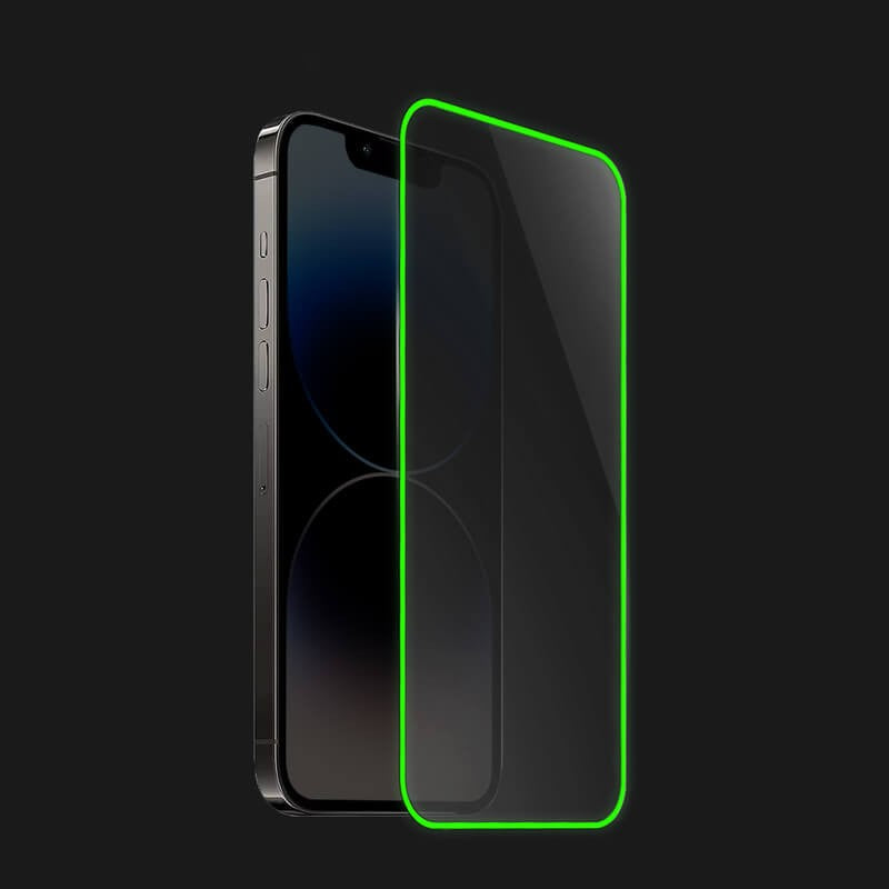 Folie de Sticla Securizata pentru Apple iPhone 15, Flippy, Luminous, Margine Fosforescenta Neon din Silicon, Mat,