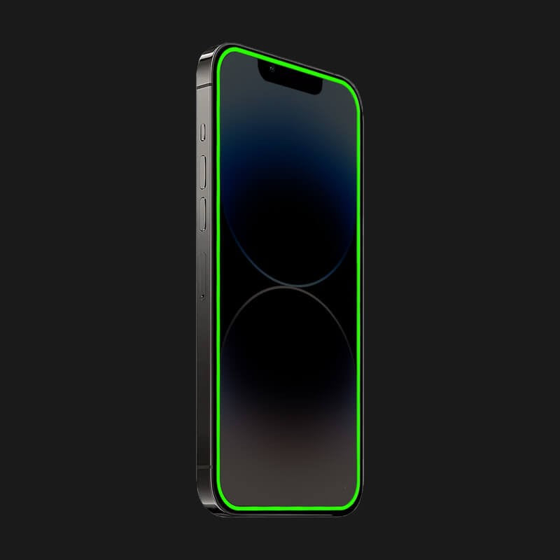 Folie de Sticla Securizata pentru Apple iPhone 15 Pro Max, Flippy, Luminous, Margine Fosforescenta Neon din Silicon,