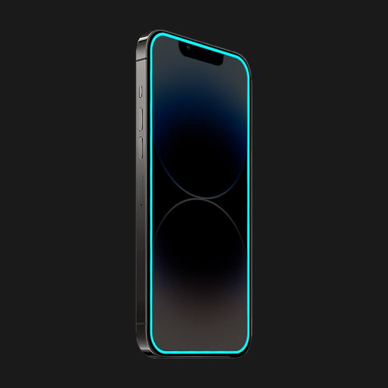 Folie de Sticla Securizata pentru Apple iPhone 15 Pro Max, Flippy, Luminous, Margine Fosforescenta Neon din Silicon,