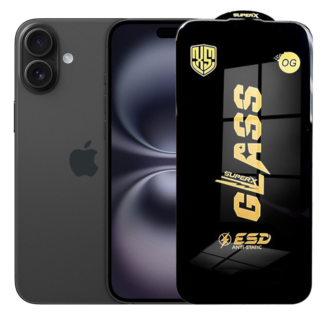 Folie de Sticla pentru Apple iPhone 16, Flippy, Sticla Securizata ESD Antistatica, Super-X OG, cu Margini Negre,