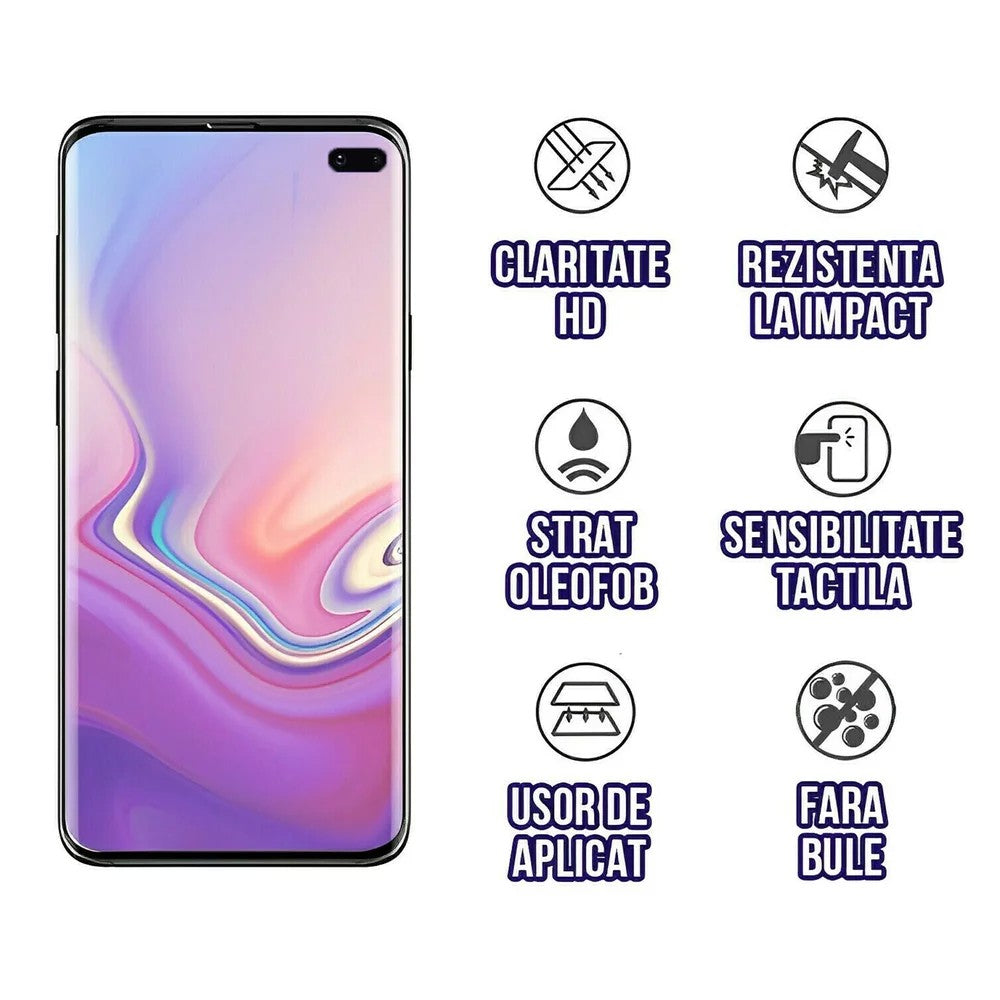 Folie Sticla Securizata Curbata Flippy pentru Samsung S10 Plus cu recunoastere a amprentelor digitale, 9H, lipici