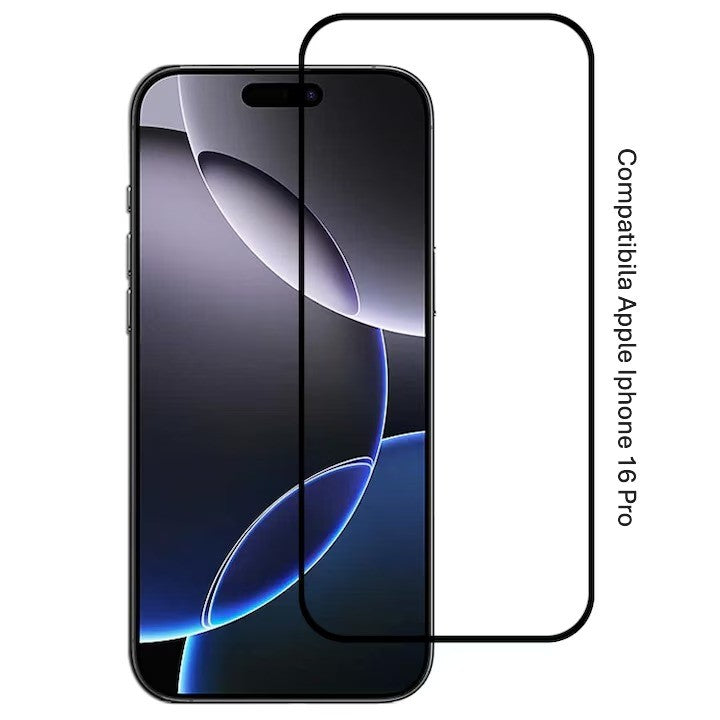 Folie Sticla Securizata, Flippy, Compatibila cu Apple iPhone 16 Pro, Full Cover 9D, HD, Margini Negre, Transparenta