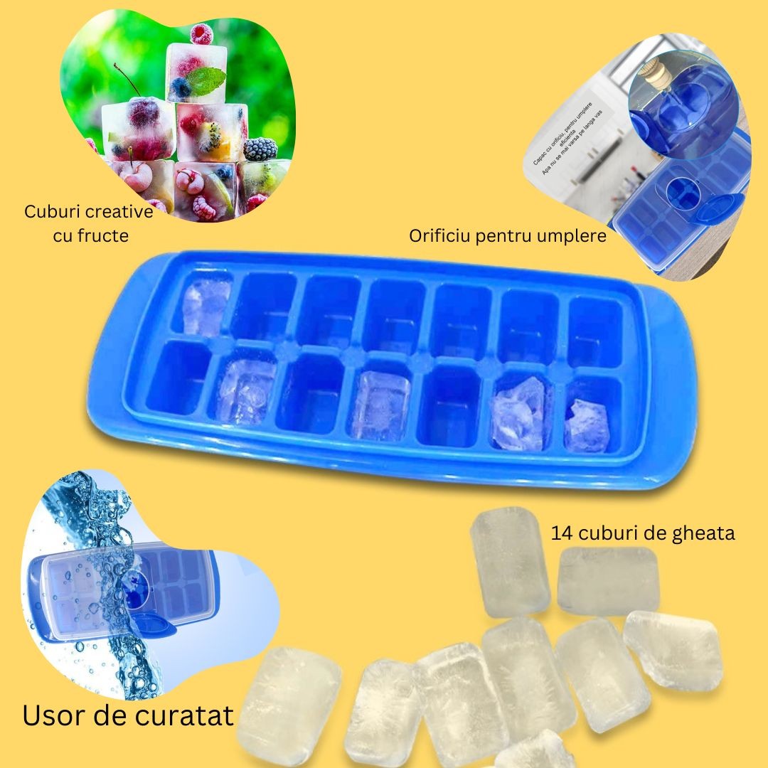 Forma pentru cuburi de gheata Flippy, 14 cuburi, reutilizabil, plastic alimentar, cu capac, orificiu umplere,