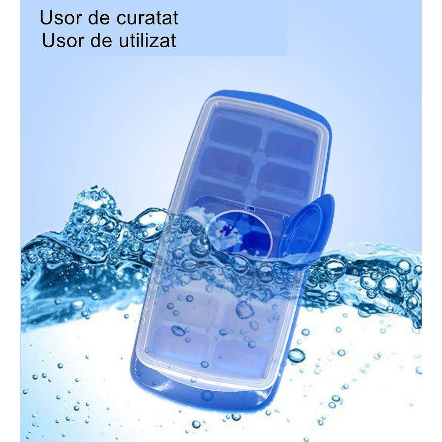 Forma pentru cuburi de gheata Flippy, 14 cuburi, reutilizabil, plastic alimentar, cu capac, orificiu umplere,