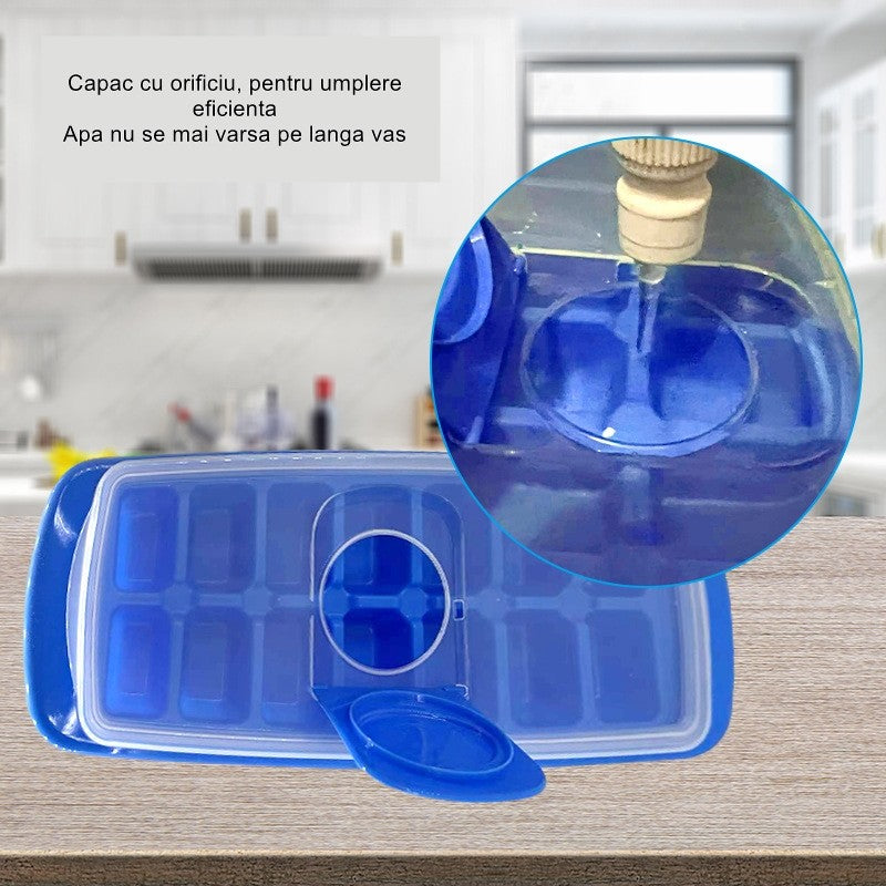 Forma pentru cuburi de gheata Flippy, 14 cuburi, reutilizabil, plastic alimentar, cu capac, orificiu umplere,