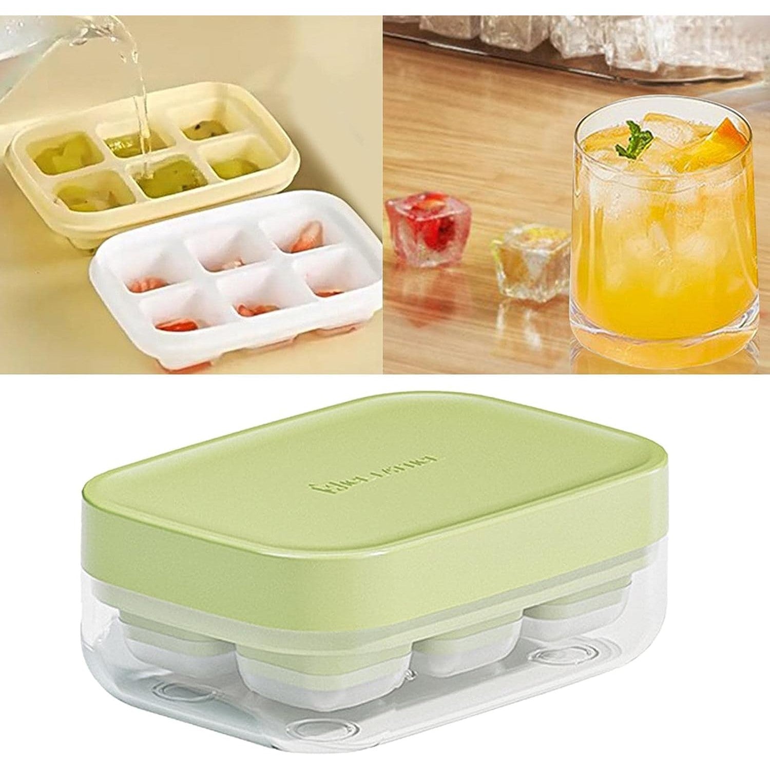 Forma pentru gheata cu presa Flippy, din silicon alimentar, 6 cuburi, caserola pentru depozitare, usor de folosit si